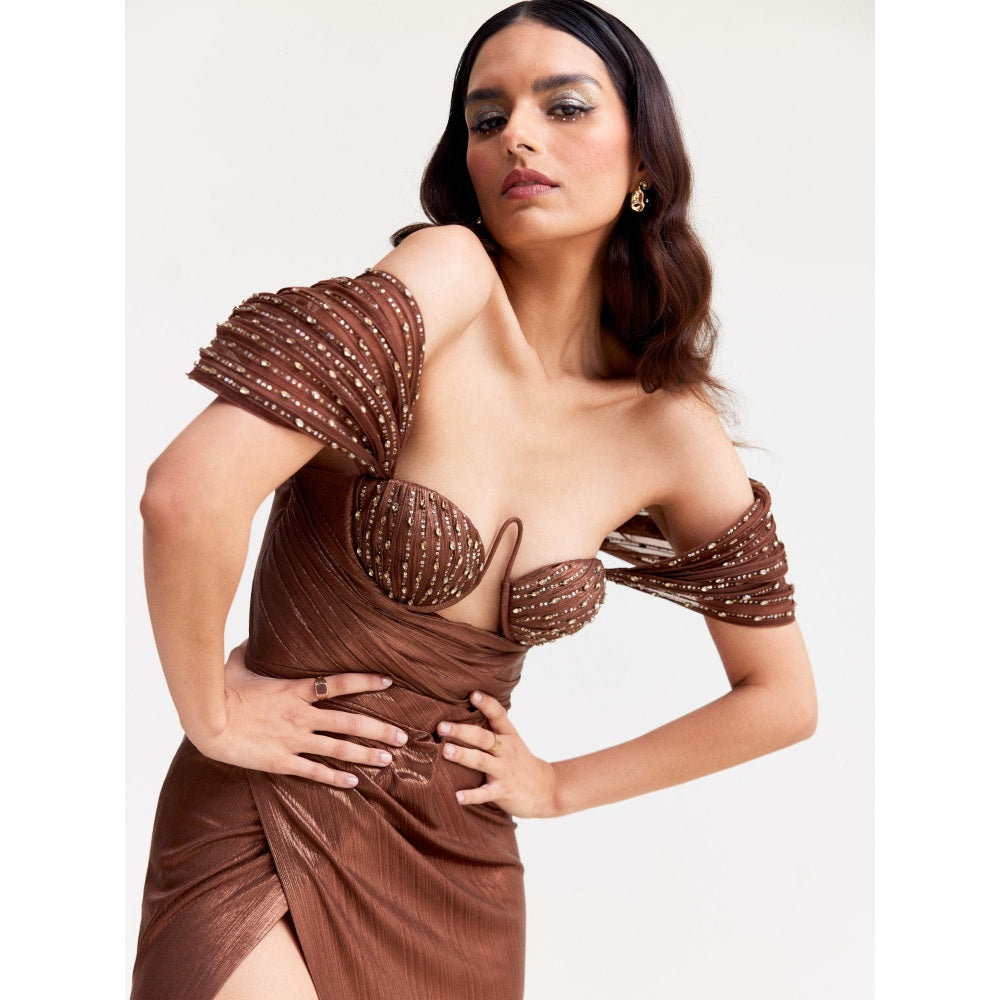TISHARTH BY SHIVANI Brown Shimmer Gown