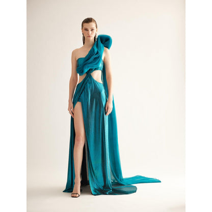 TISHARTH BY SHIVANI Teal Metallic Cut-Out Gown with Draped Organza