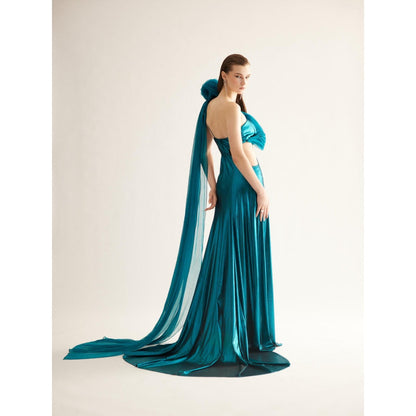 TISHARTH BY SHIVANI Teal Metallic Cut-Out Gown with Draped Organza
