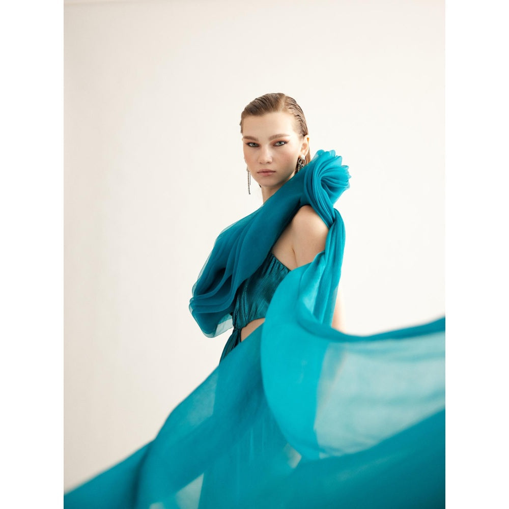 TISHARTH BY SHIVANI Teal Metallic Cut-Out Gown with Draped Organza