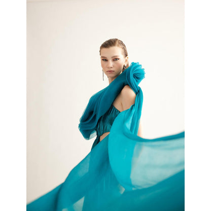 TISHARTH BY SHIVANI Teal Metallic Cut-Out Gown with Draped Organza