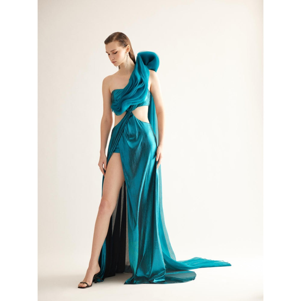 TISHARTH BY SHIVANI Teal Metallic Cut-Out Gown with Draped Organza