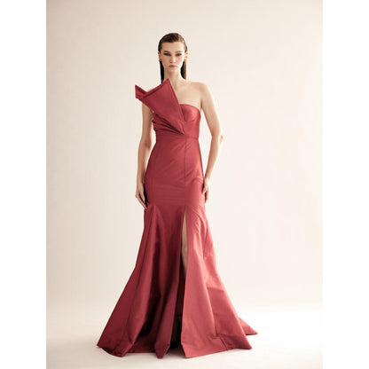 TISHARTH BY SHIVANI Red Astro Dust Taffeta Silk Gown with Wrap Detail