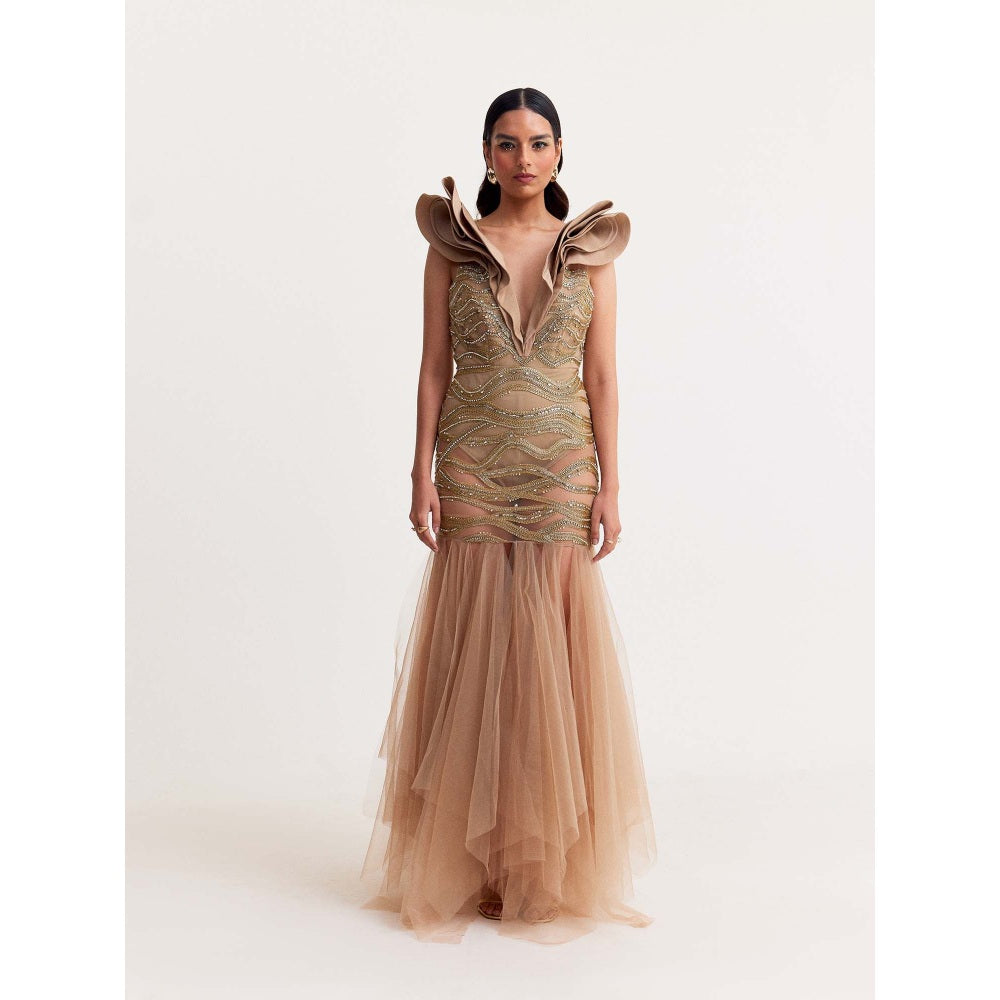 TISHARTH BY SHIVANI Beige Embroidered Tulle Gown with Ruffle Neckline