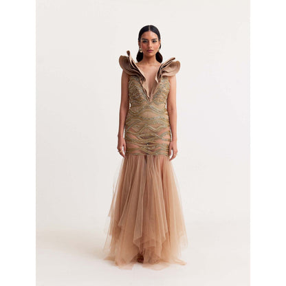 TISHARTH BY SHIVANI Beige Embroidered Tulle Gown with Ruffle Neckline