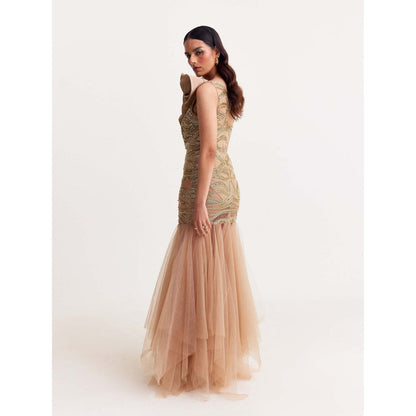 TISHARTH BY SHIVANI Beige Embroidered Tulle Gown with Ruffle Neckline