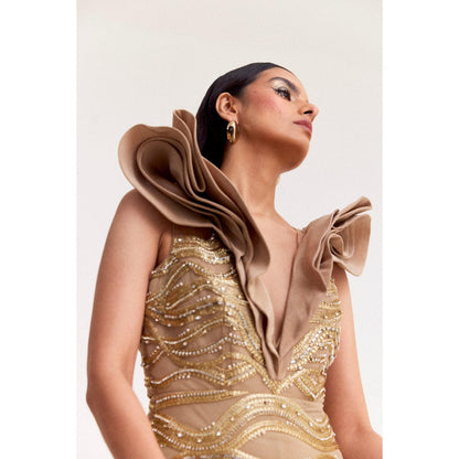 TISHARTH BY SHIVANI Beige Embroidered Tulle Gown with Ruffle Neckline