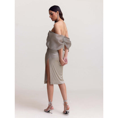 TISHARTH BY SHIVANI Sage Grey Studded Knee Length Dress with Organza Bow Off Shoulder