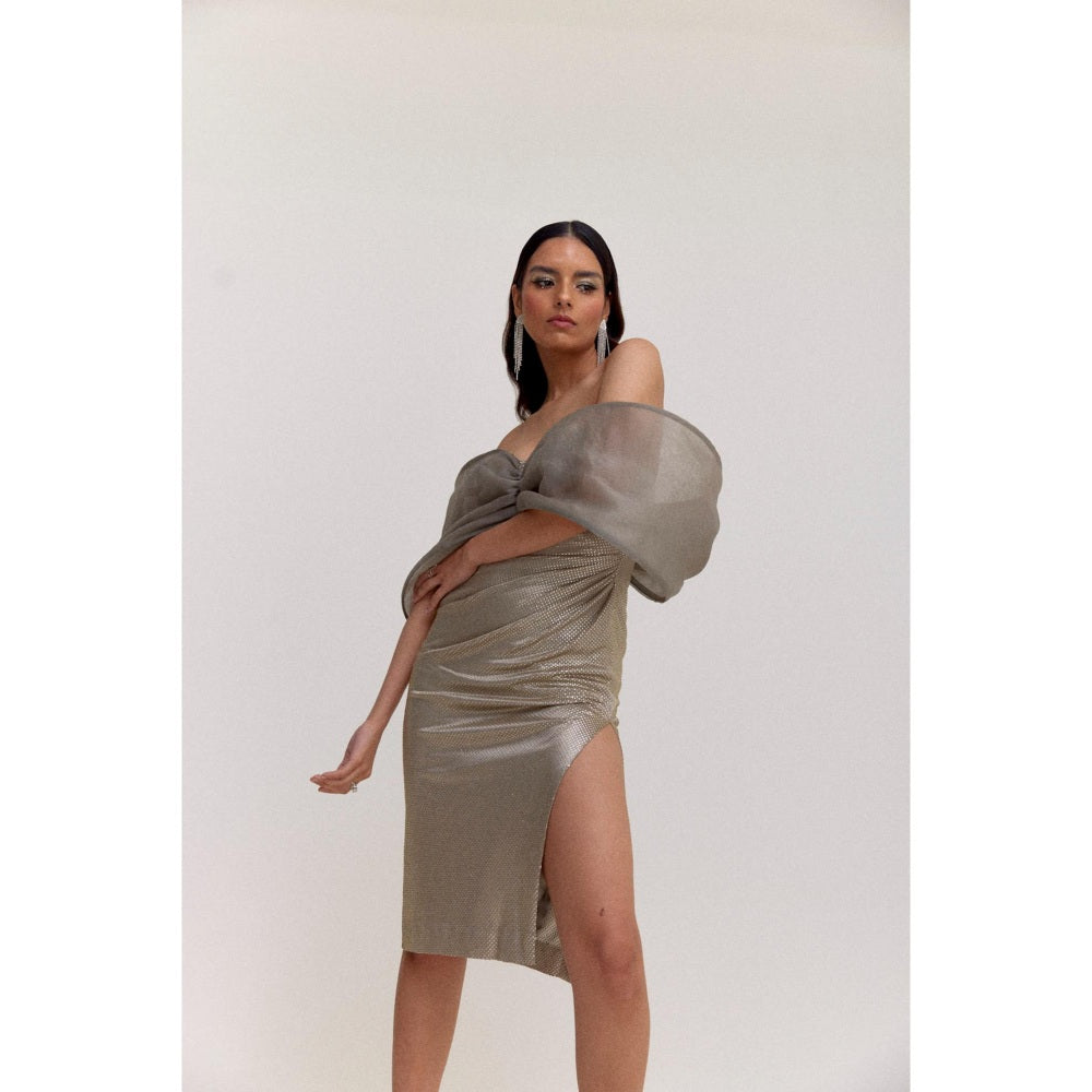 TISHARTH BY SHIVANI Sage Grey Studded Knee Length Dress with Organza Bow Off Shoulder