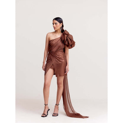 TISHARTH BY SHIVANI Metallic Brown Draped Shorts Dress with Organza Shoulder Ruffle