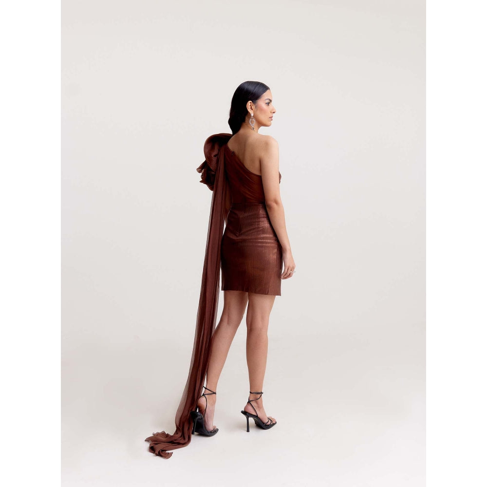 TISHARTH BY SHIVANI Metallic Brown Draped Shorts Dress with Organza Shoulder Ruffle