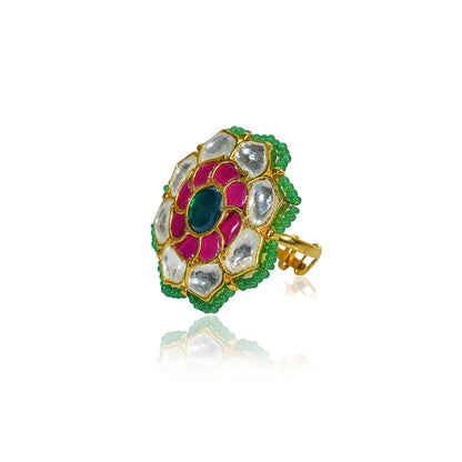TIZORA Red And Green Pachi Kundan Ring