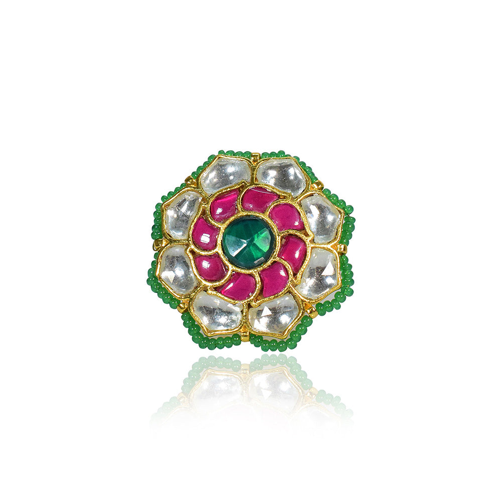 TIZORA Red And Green Pachi Kundan Ring