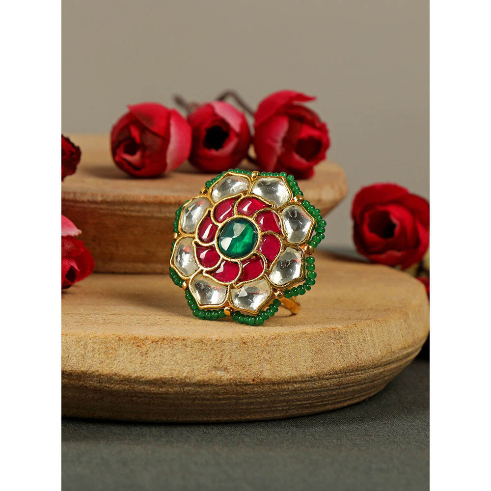 TIZORA Red And Green Pachi Kundan Ring