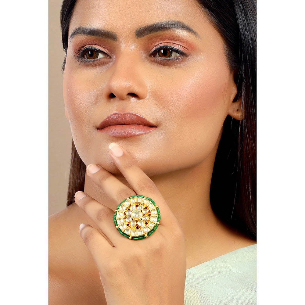 TIZORA Green Beads Pachi Kundan Ring