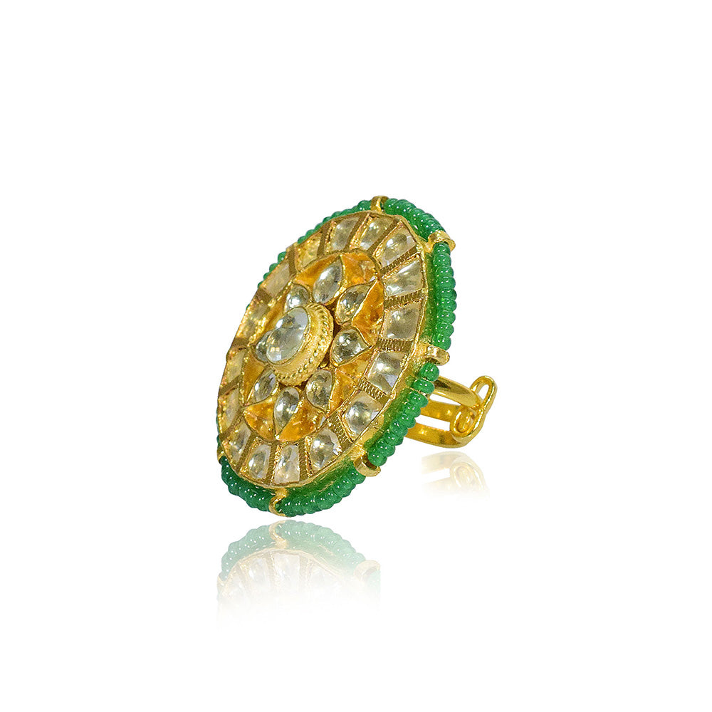TIZORA Green Beads Pachi Kundan Ring