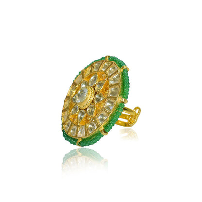 TIZORA Green Beads Pachi Kundan Ring