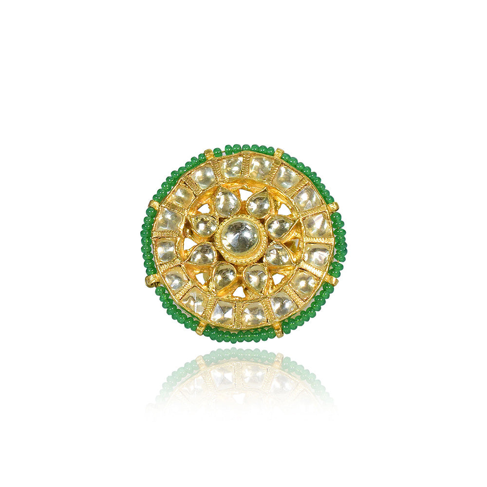 TIZORA Green Beads Pachi Kundan Ring