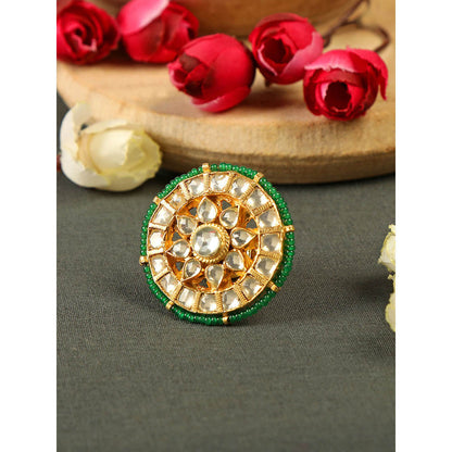 TIZORA Green Beads Pachi Kundan Ring