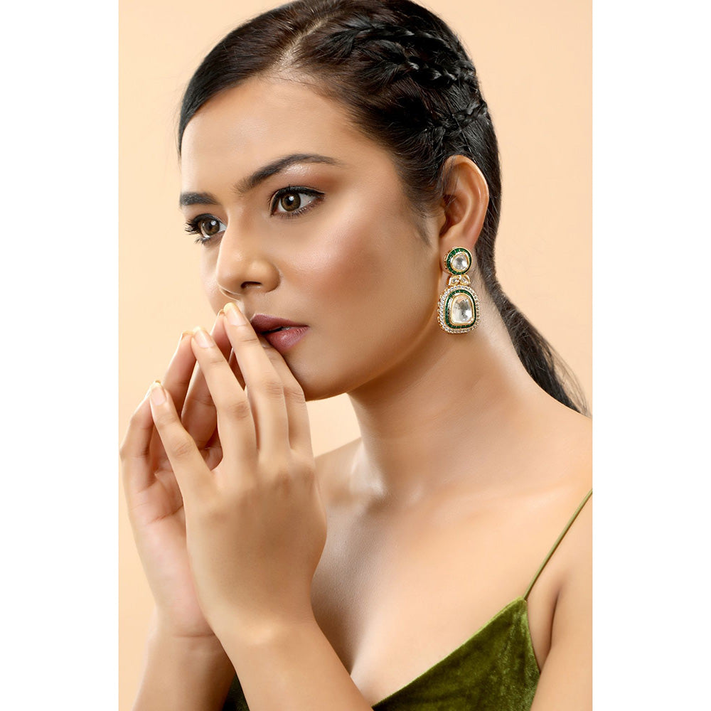 TIZORA Green Meena Kundan Earrings