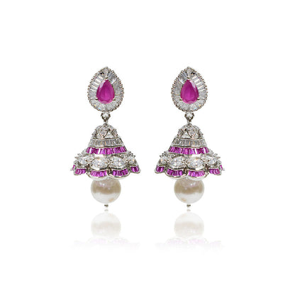 TIZORA Deep Pink Stones and Baguettes Jhumkis