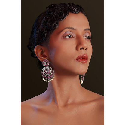 TIZORA Deep Pink Antique Chandbali Earrings