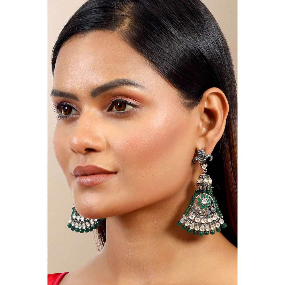 TIZORA Antique Finish Green Stone Diamond Earrings