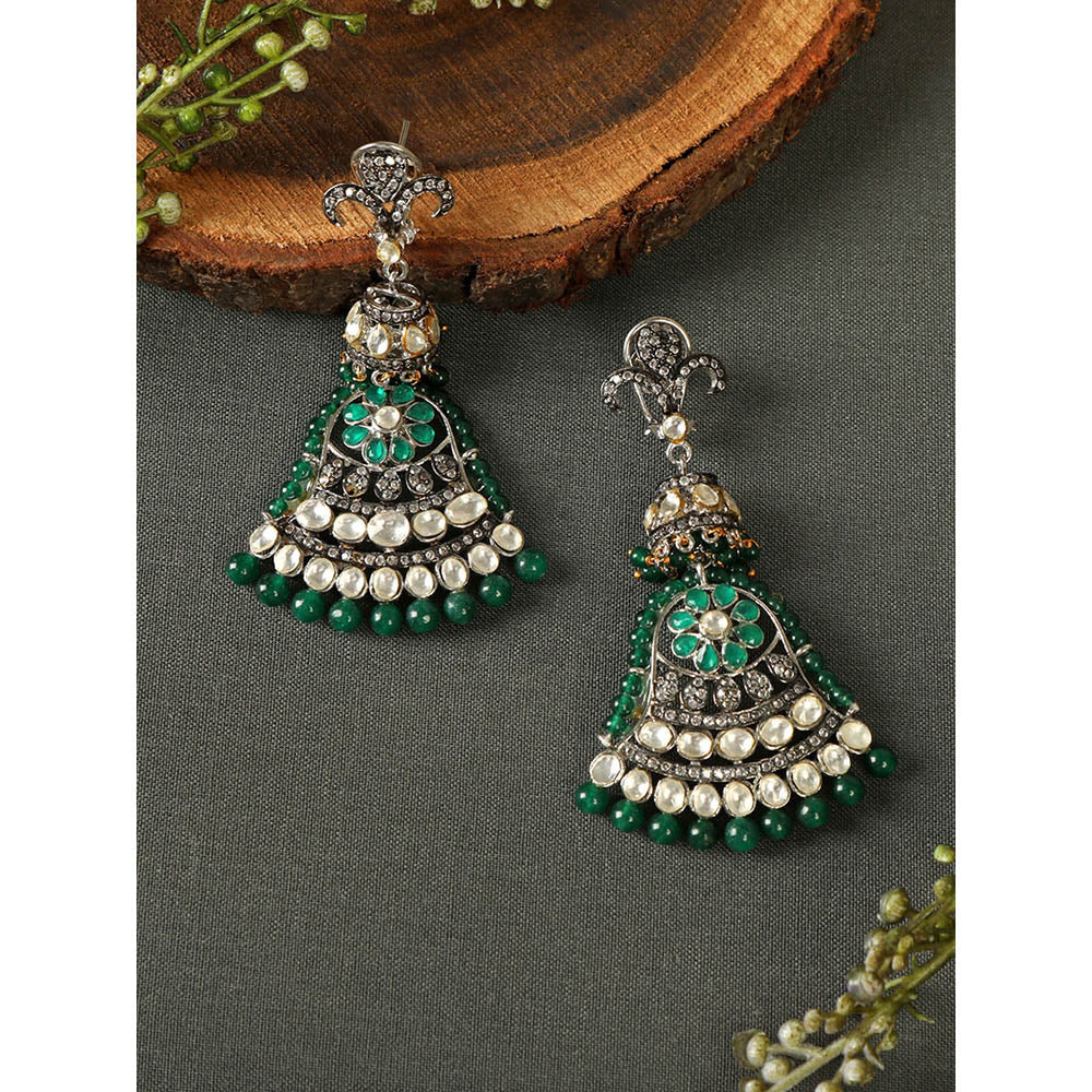 TIZORA Antique Finish Green Stone Diamond Earrings