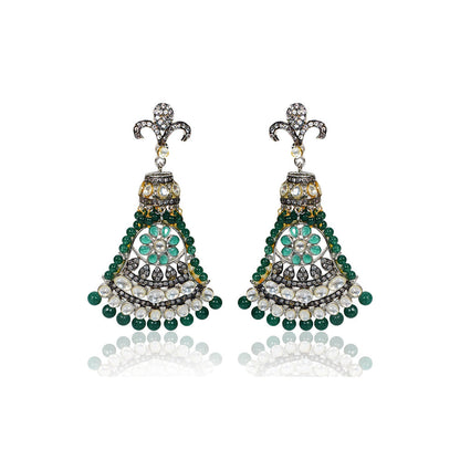 TIZORA Antique Finish Green Stone Diamond Earrings