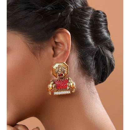 TIZORA Gold Plated Antique Red Ganesh Earrings