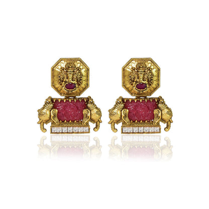 TIZORA Gold Plated Antique Red Ganesh Earrings