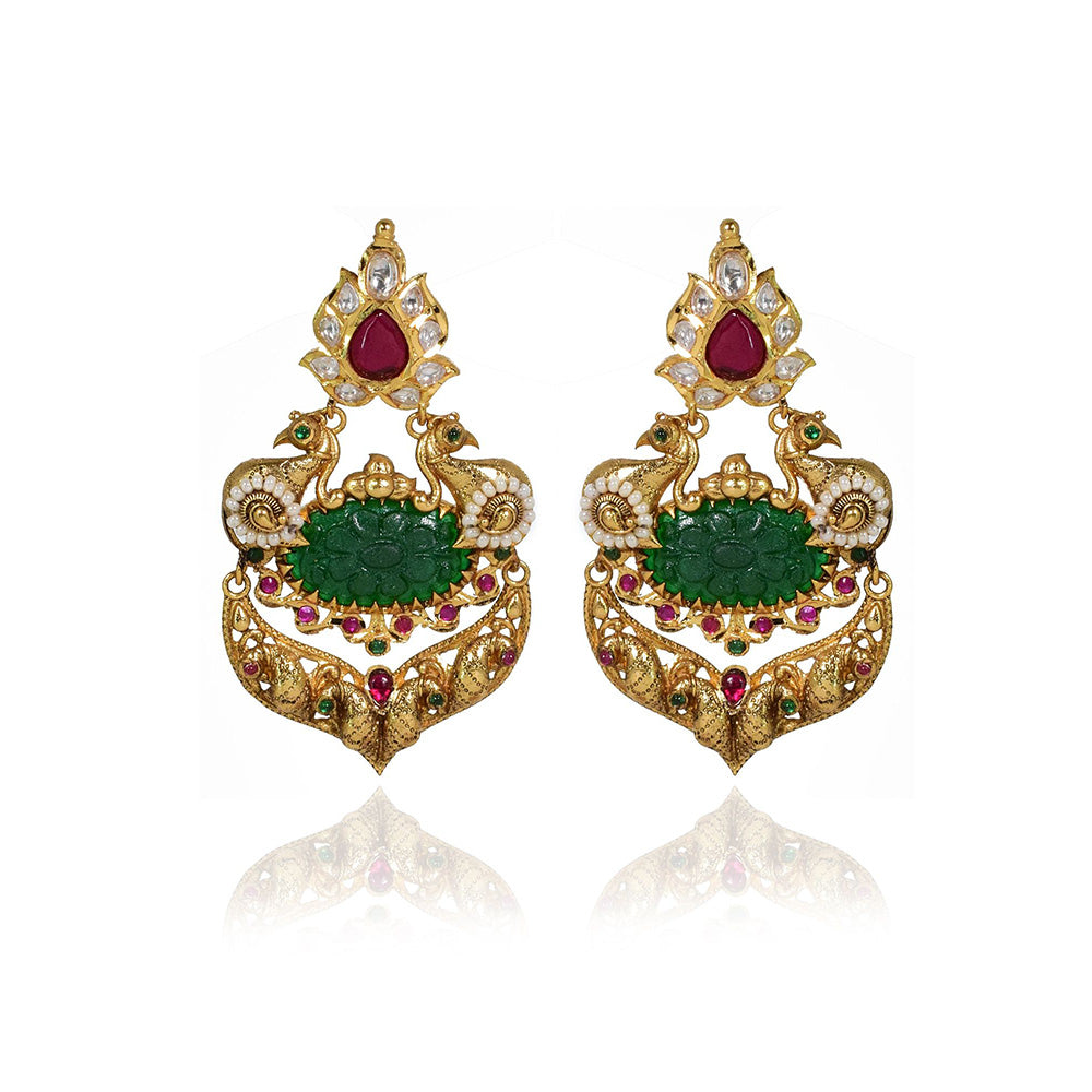 TIZORA Green Peacock Carved Antique Earrings