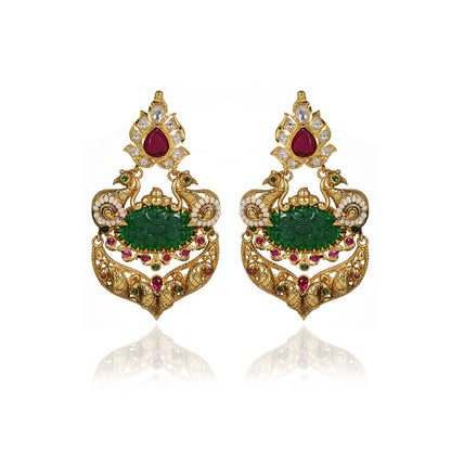 TIZORA Green Peacock Carved Antique Earrings