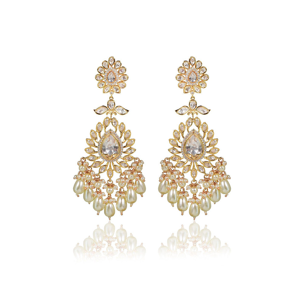 TIZORA Classic White Kundan Pearl Bridal Earrings