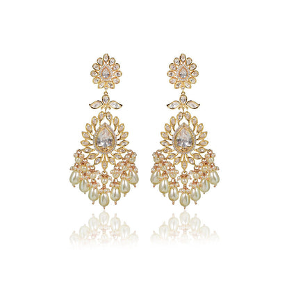 TIZORA Classic White Kundan Pearl Bridal Earrings