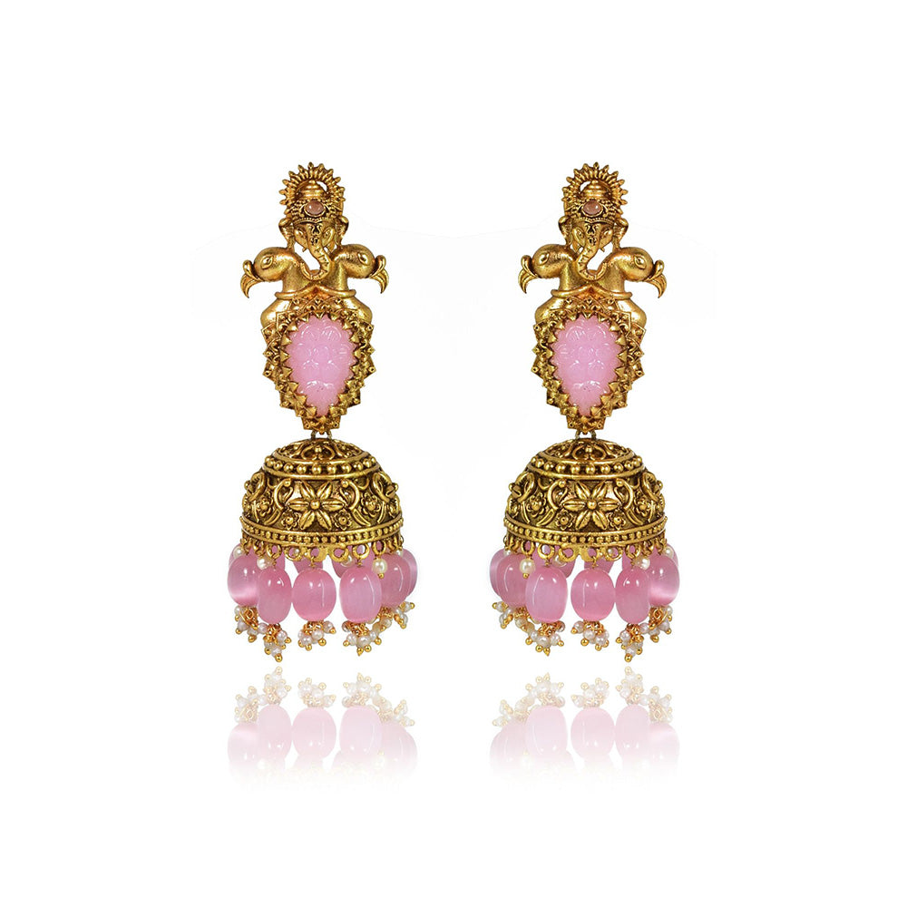 TIZORA Pink Carved Stone Antique Jhumki Earrings