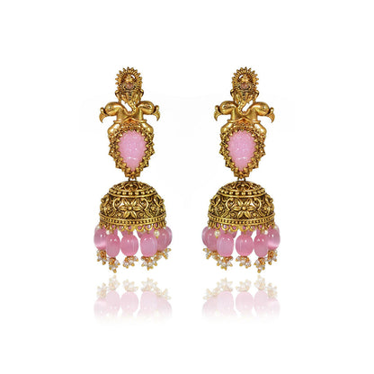 TIZORA Pink Carved Stone Antique Jhumki Earrings