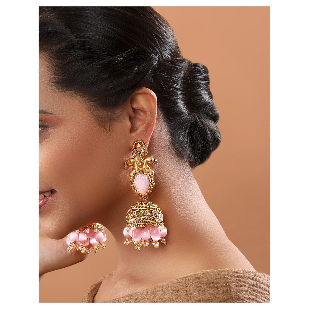 TIZORA Pink Carved Stone Antique Jhumki Earrings