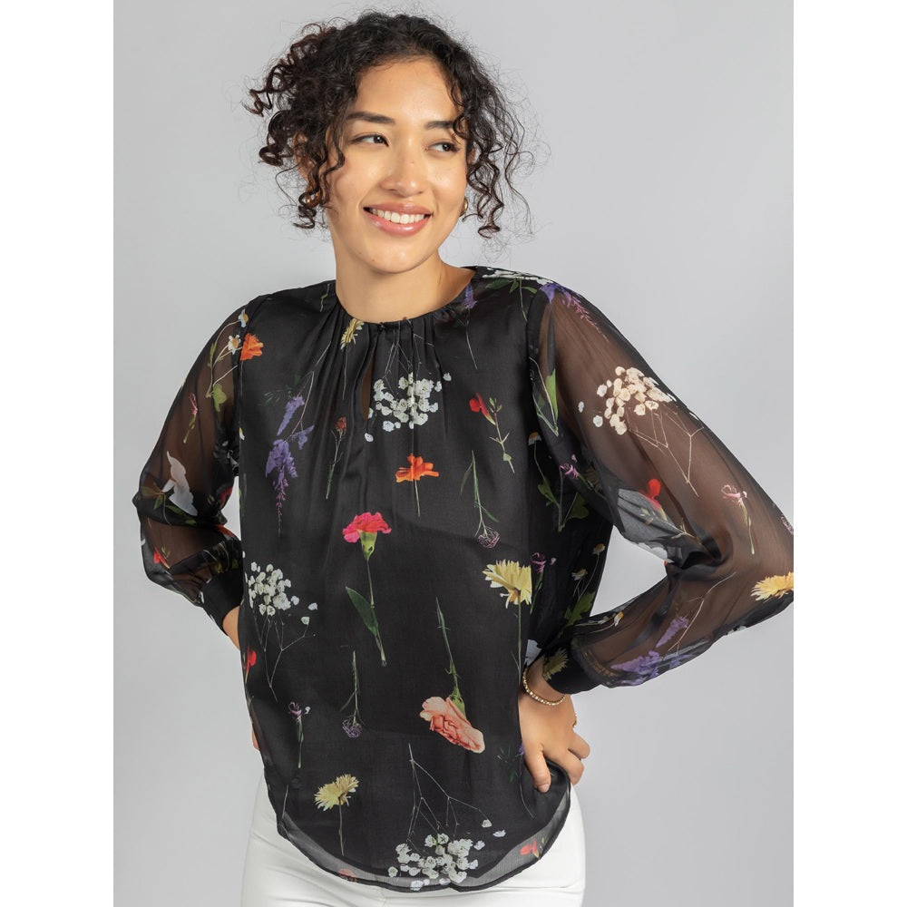 Torsha Black Printed Front Button Opening Top