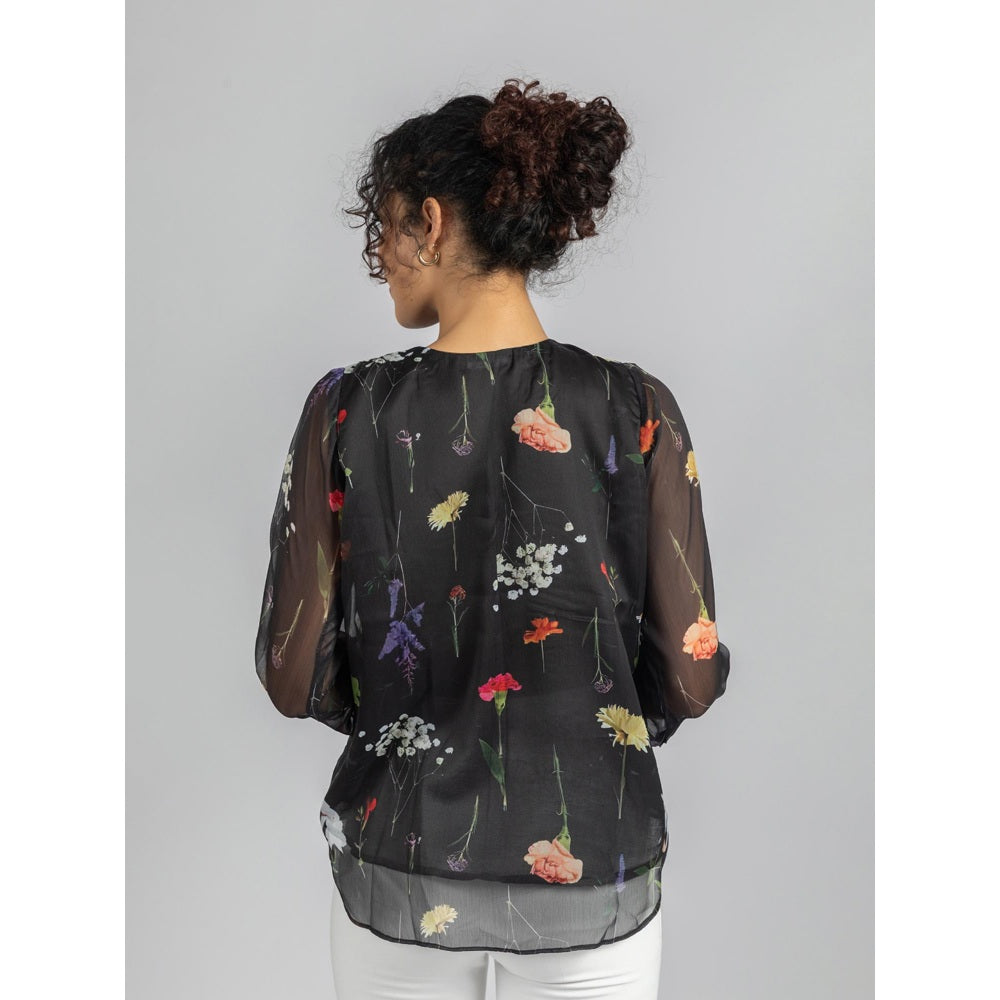 Torsha Black Printed Front Button Opening Top