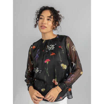 Torsha Black Printed Front Button Opening Top