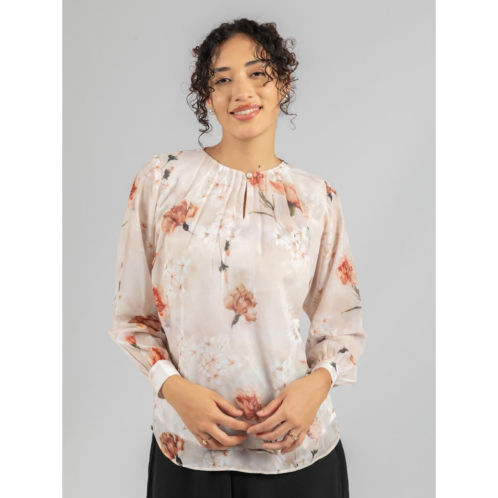 Torsha Beige Printed Front Button Opening Top