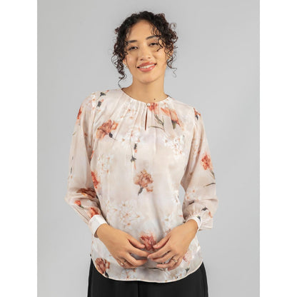 Torsha Beige Printed Front Button Opening Top