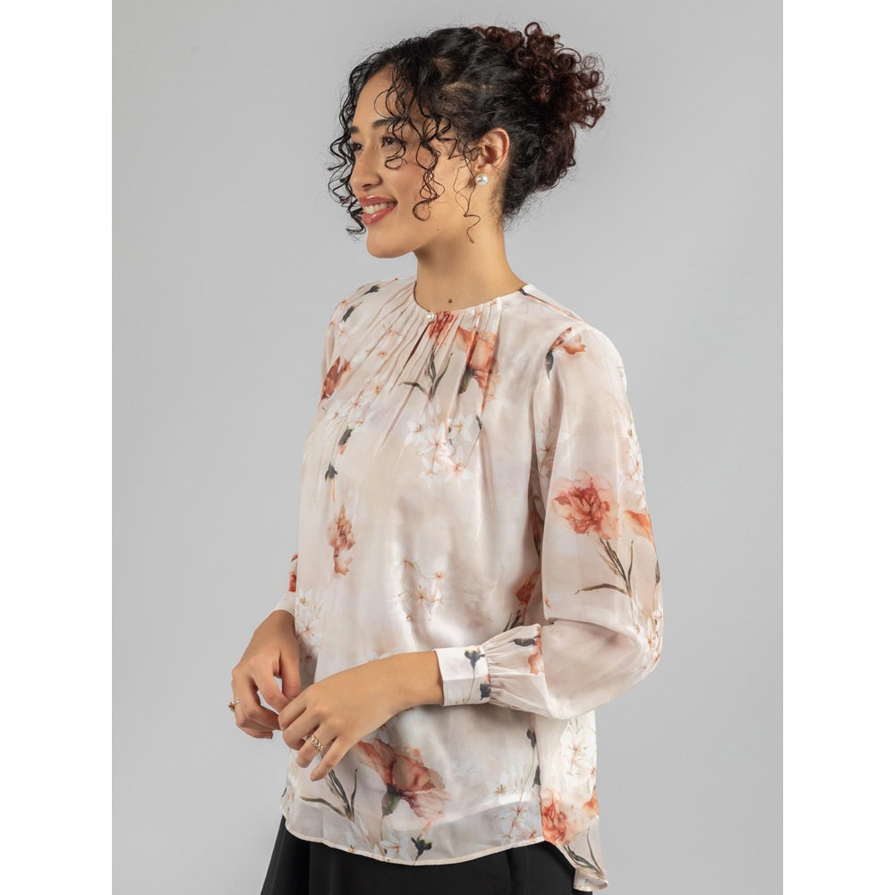 Torsha Beige Printed Front Button Opening Top