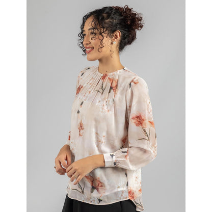 Torsha Beige Printed Front Button Opening Top