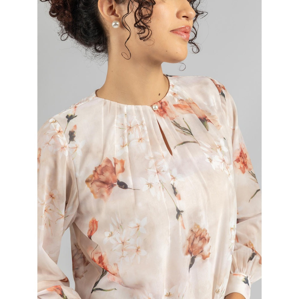 Torsha Beige Printed Front Button Opening Top