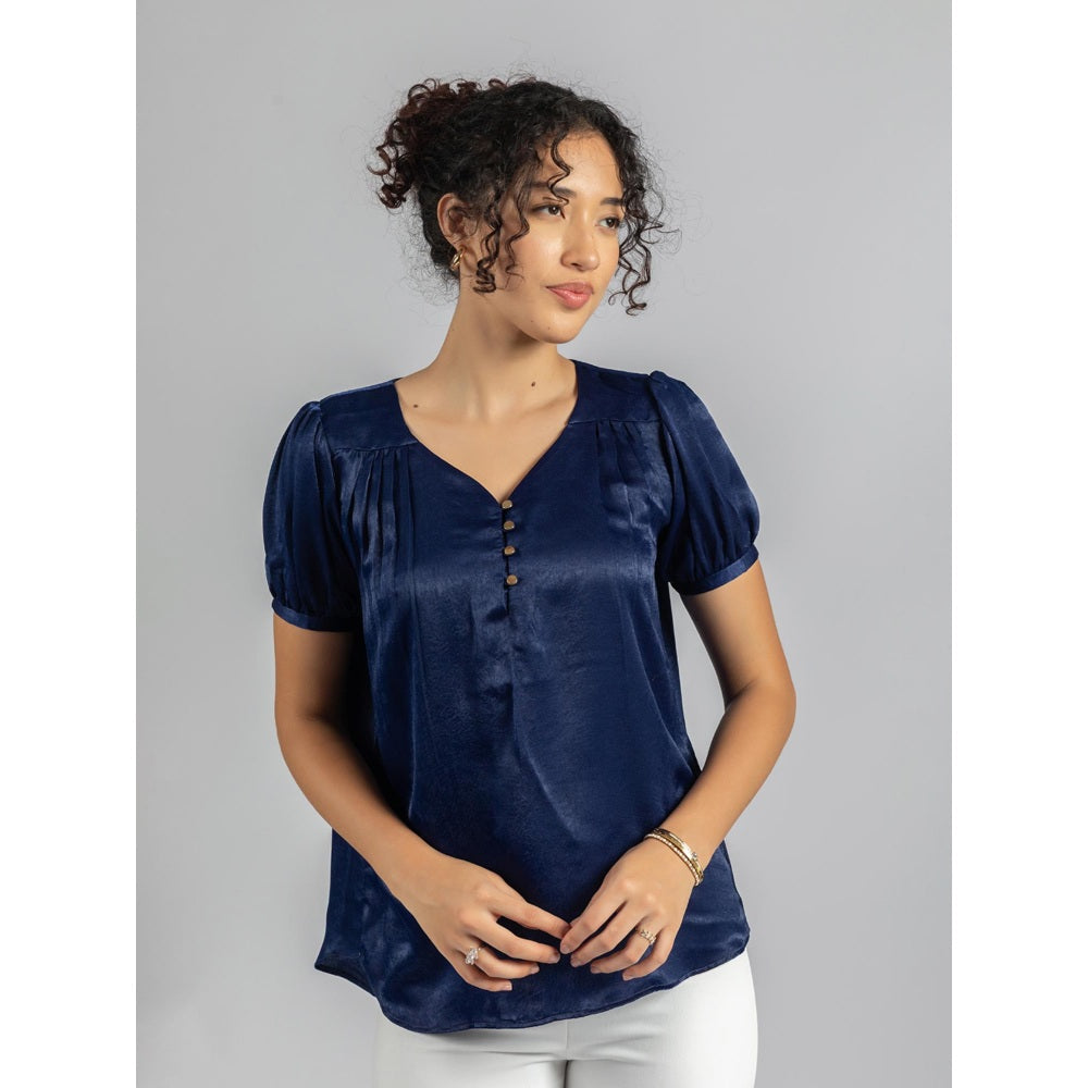 Torsha Navy Blue Satin Velvet Top