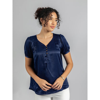 Torsha Navy Blue Satin Velvet Top