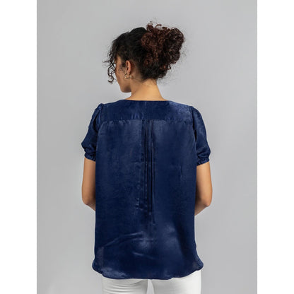 Torsha Navy Blue Satin Velvet Top