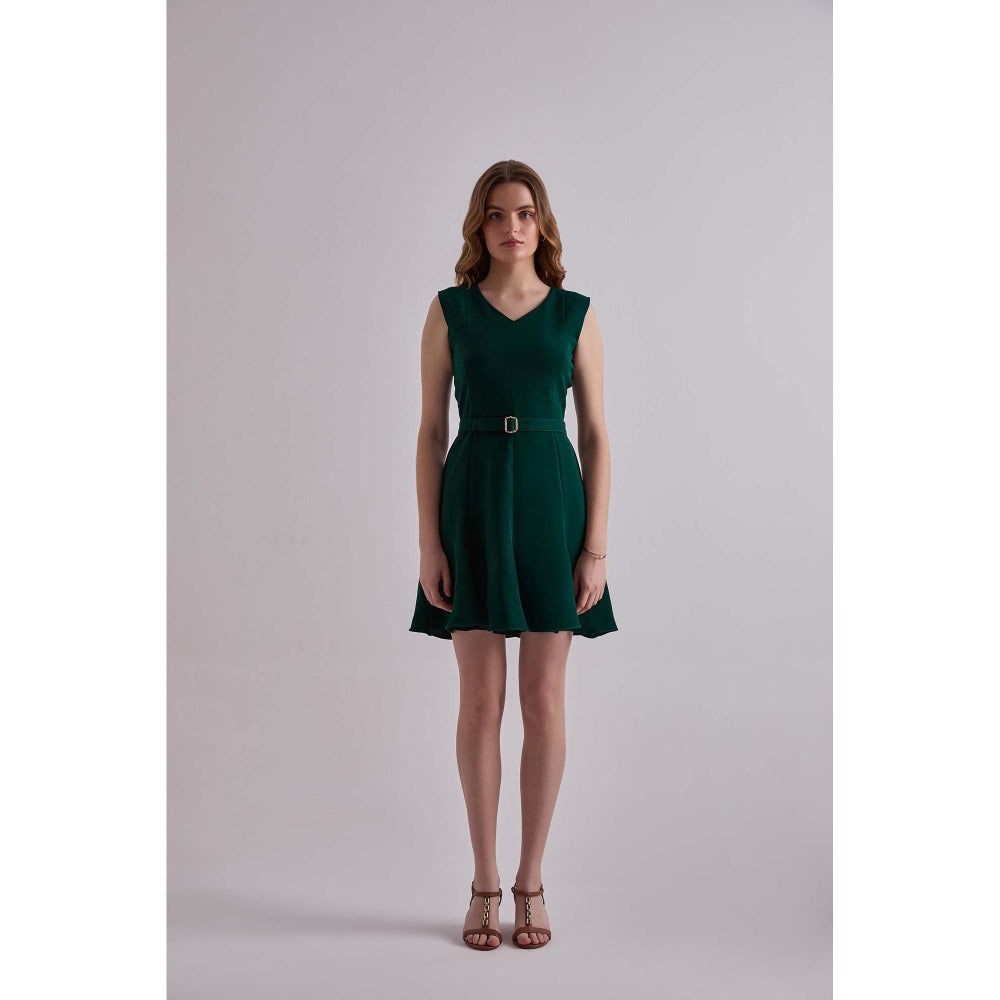 Torsha Green Polyester Emerald Daze Mini Dress with Belt for Women